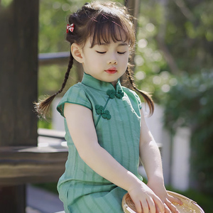 女童旗袍夏季薄款绿色女宝宝中国风改良连衣裙儿童民国风复古汉服