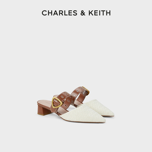 CHARLES&KEITH24夏新款CK1-60580278一字带尖头粗跟穆勒拖鞋外穿