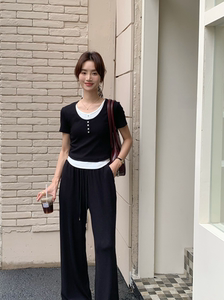 IVY AIWEI艾薇韩系时尚短袖拼接假两件休闲T高腰显瘦阔腿裤套装女