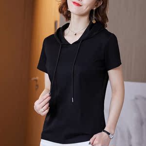 2020纯色帽衫卫衣休闲连帽短袖t恤女夏季修身新款百搭上衣服ins潮
