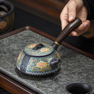 紫砂如意侧把茶壶中式家用过滤壶单壶陶瓷功夫茶具复古浮雕泡茶壶