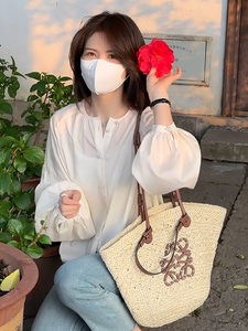 韩系chic灯笼袖白色衬衫外套女春夏季高级感薄款外搭防晒开衫上衣