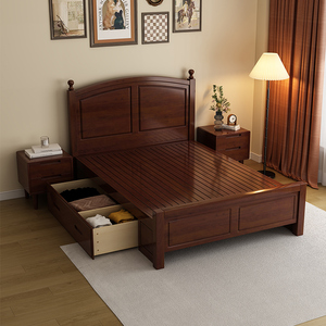 现代简约实木床单人床1.2米1.5m小户型卧室一米储物收纳小床美式