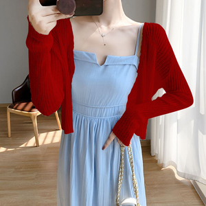 红色V领防晒针织开衫女装夏新款外搭短款设计感薄款罩衫长袖上衣