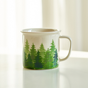 肆月森林彩绘大容量陶瓷杯马克杯喝水杯子森系治愈插画女生咖啡杯