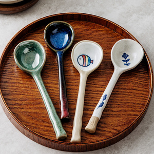 创意陶瓷勺子长柄日式复古家用可爱调羹个性粗陶小勺子精致ins风