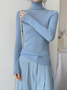 秋冬韩国高领蓝色针织衫女士堆堆领内搭打底毛衣软糯修身羊绒上衣