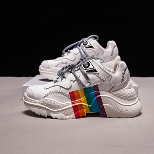 欧洲站真皮女鞋2019秋季新款3d彩虹厚底老爹鞋撞色增高小白鞋潮