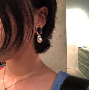 anna同款Celi法式复古vintage高级感蓝英石吊珍珠镶钻925银针耳环