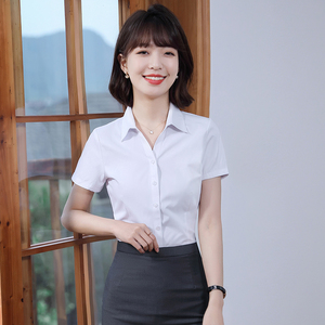 职业装夏季短袖深蓝色衬衫女韩版大学生面试工作服正装V领衬衣女