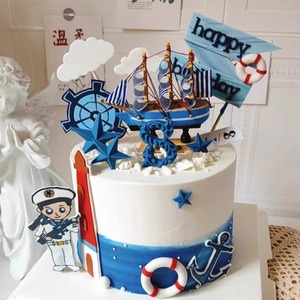 海军主题蛋糕装饰海洋帆船摆件船舵灯塔救生圈海星模具男孩插件