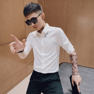夏季网红衬衫男短袖七分袖修身社会小伙中袖衬衣发型师潮牌寸衬男