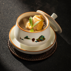 酒店陶瓷隔水炖盅新中式带盖甜品燕窝位上小碗餐厅用鲍鱼保温汤盅