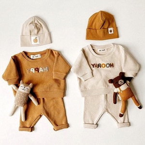 春秋季男女婴幼童卫衣套装宝宝ins韩版华夫格字母外穿休闲两件套