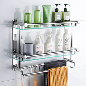 卫生间304不锈钢毛巾架双层玻璃壁挂三层收纳架浴室置物架免打孔