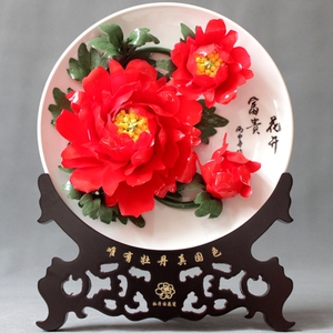 10寸实底洛阳牡丹瓷花盘摆件陶瓷十寸结婚乔迁商务礼品家居客厅