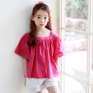 韩国夏装女童短袖t恤中大童一字领纯棉喇叭袖宽松玫红色吊带上衣