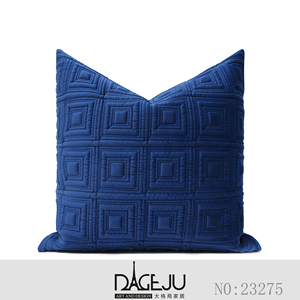 大格局蓝色绒布绗缝绣花抱枕立体回形中式客厅沙发靠垫飘窗靠包套