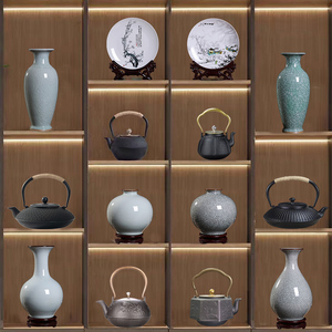 新中式高档家居陶瓷茶具装饰摆件书柜客厅办公室展示柜软装工艺品