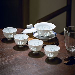 景德镇官方陶瓷青花玲珑茶具套装白瓷家用高档品茗中式喝茶杯送礼