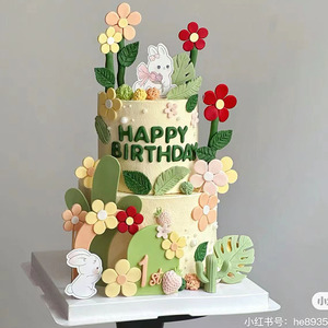 网红兔宝宝周岁生日蛋糕装饰兔子插件叶子花朵仙人掌草莓翻糖模具