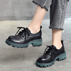 蜘蛛王增高大头皮鞋女棕色厚底松糕2022春夏英伦日系复古真皮单鞋