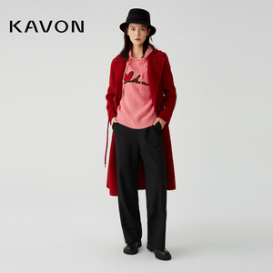 Kavon/卡汶英伦复古羊毛羊绒混纺双面呢翻领H造型绑腰带长袖大衣