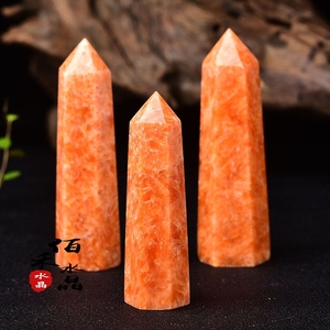 天然太阳石原石水晶六棱柱风水摆件橙色月光石单尖能量水晶柱