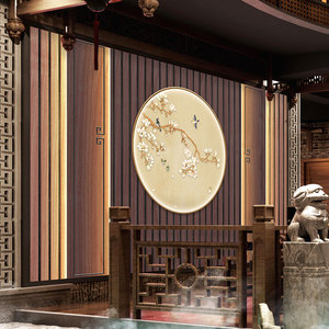 3d新中式木纹格栅古典直播间背景墙纸壁布茶艺茶叶店茶室装修壁纸