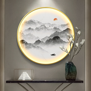 玄关装饰画带灯led灯画发光圆形黑白山水画新中式挂画圆形客厅墙