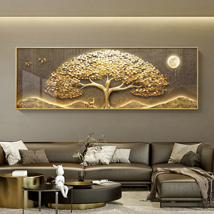 现代轻奢客厅装饰画横幅高档大气发财树沙发背景墙挂画寓意好壁画