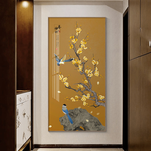 喜上眉梢新中式入户玄关装饰画竖版花鸟画走廊过道进门壁画晶瓷画