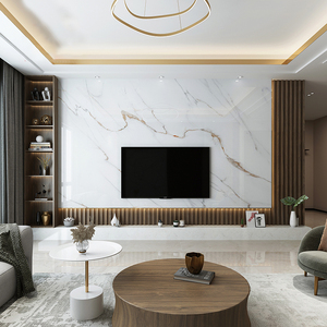 轻奢电视背景墙瓷砖大理石uv大板现代简约实木格栅客厅悬空影视墙