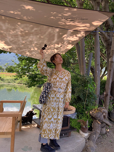 法式ins纯棉印度印花灯笼袖浪漫文艺休闲长袍连衣裙袍子davie新品