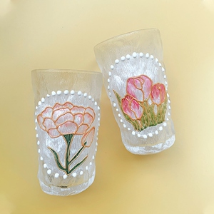 【抖音同款】 ins高颜值法式手绘珍珠透明水晶郁金香雾莲玻璃杯子