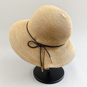 夏季遮阳帽女防晒可折叠细绳蝴蝶结褶皱细辫草帽海边度假沙滩帽