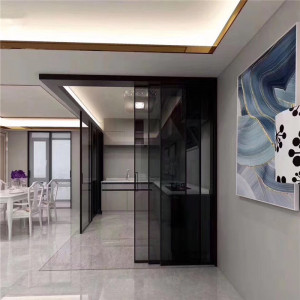 窄边玻璃推拉门 铝合金厨房门 黑色移门 白色谷仓门 极窄联动吊门