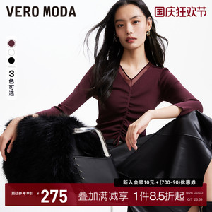 Vero Moda针织衫女2024春夏新款优雅修身抽绳网纱拼接七分袖上衣