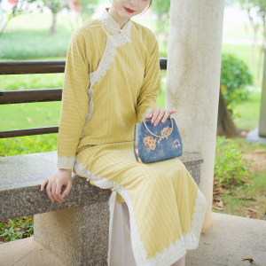 旧事集|秋款窄袖长袖古法旗袍绲边蕾丝边复古民国一片式平裁厂襟