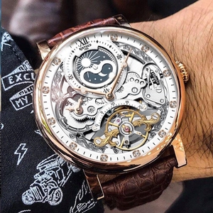 瑞士浪琴海汐官网正品机械表手表男防水双陀飞轮全自动黑科技镂空