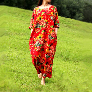 夏季棉布连衣裙七分袖纯棉花布裙长裙袍子宽松大码旅行古镇民族女