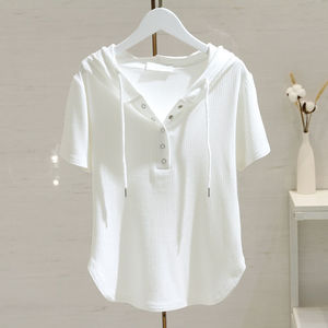 白色抽绳连帽t恤女短袖2024夏季新款时尚宽松显瘦百搭体恤打底衫