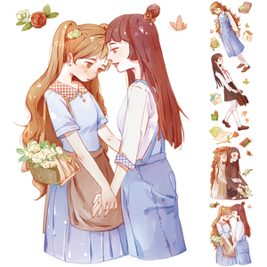 六月小姐姐烫金特油手帐和纸胶带人物百合少女孩闺蜜恋爱手账贴纸