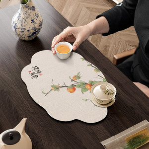 新中式柿柿如意茶席茶桌垫布硅藻泥茶台桌旗茶几桌布禅意沥水垫