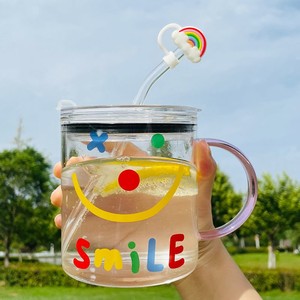 700ml大容量玻璃水杯卡通笑脸把手杯家用办公杯子圆形泡茶吸管杯