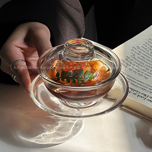 ins新中式带盖玻璃碗点心甜品碗燕窝盅透明家用碗碟套装耐热盖碗
