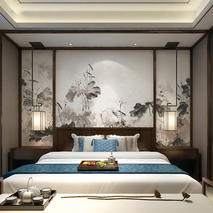 新中式卧室床头定制壁画 主卧老人房间客厅沙发背景墙面装饰墙布