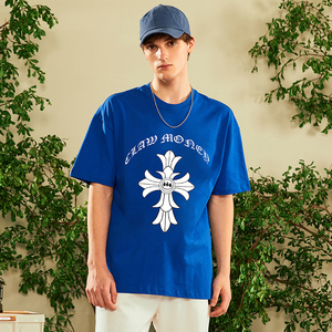 clawmoney潮牌圆领短袖t恤男克罗心印花宽松嘻哈oversize百搭体恤