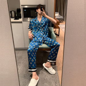 轻奢an&lv/岸绿2021新款春夏款男士冰丝睡衣男夏季短袖薄款丝绸蓝