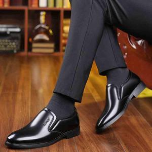 爸春秋黑色不系带祥程康联西服皮鞋男款中年正无带商务装棕色爸鞋